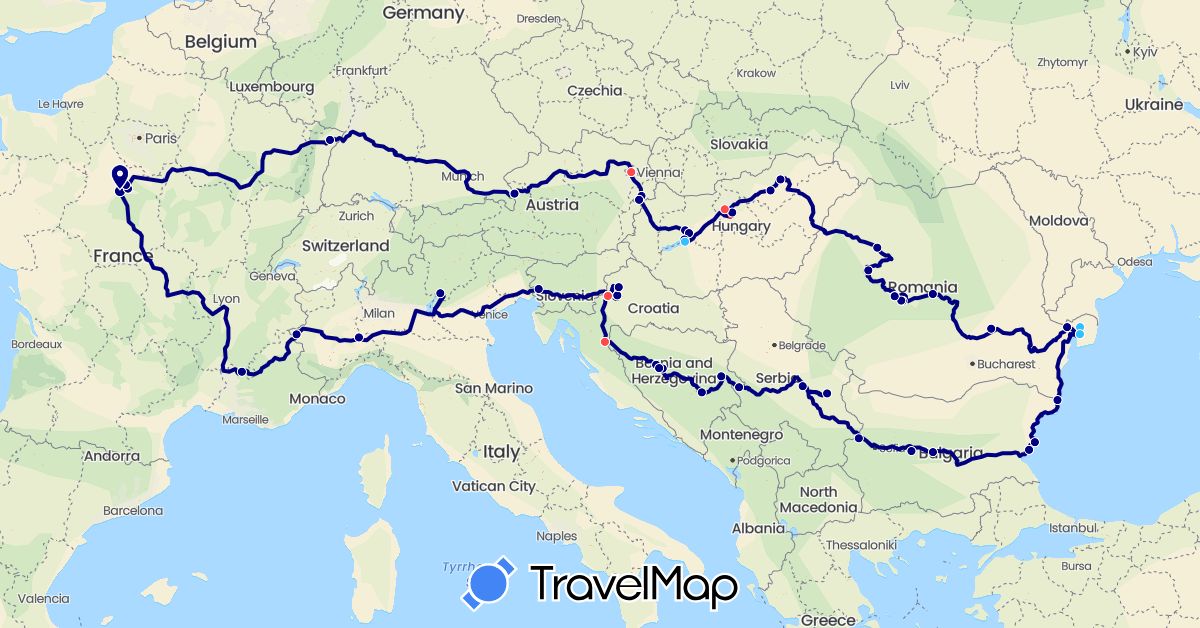 TravelMap itinerary: driving, bus, hiking, boat in Austria, Bosnia and Herzegovina, Bulgaria, France, Croatia, Hungary, Italy, Romania, Serbia, Slovenia (Europe)