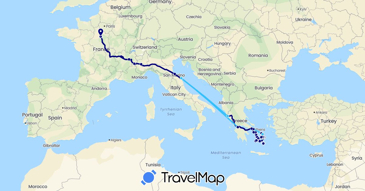 TravelMap itinerary: driving, boat in France, Greece, Italy (Europe)