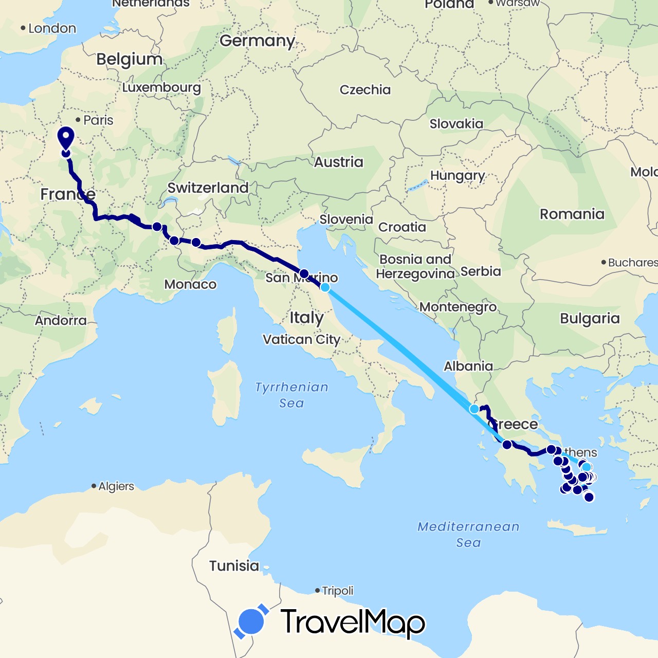 TravelMap itinerary: driving, boat in France, Greece, Italy (Europe)