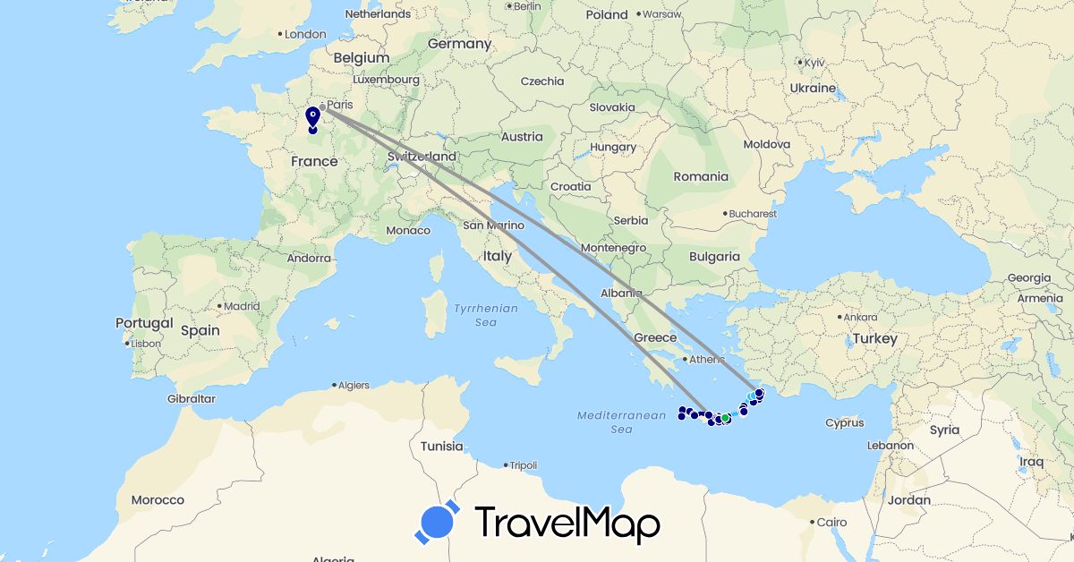 TravelMap itinerary: driving, bus, plane, boat in France, Greece (Europe)