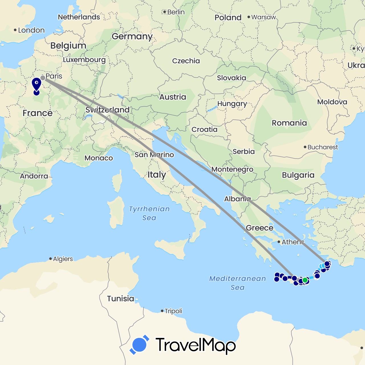 TravelMap itinerary: driving, bus, plane, boat in France, Greece (Europe)
