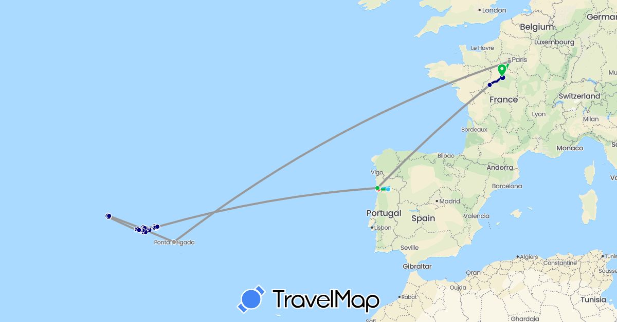 TravelMap itinerary: driving, bus, plane, hiking, boat in France, Portugal (Europe)
