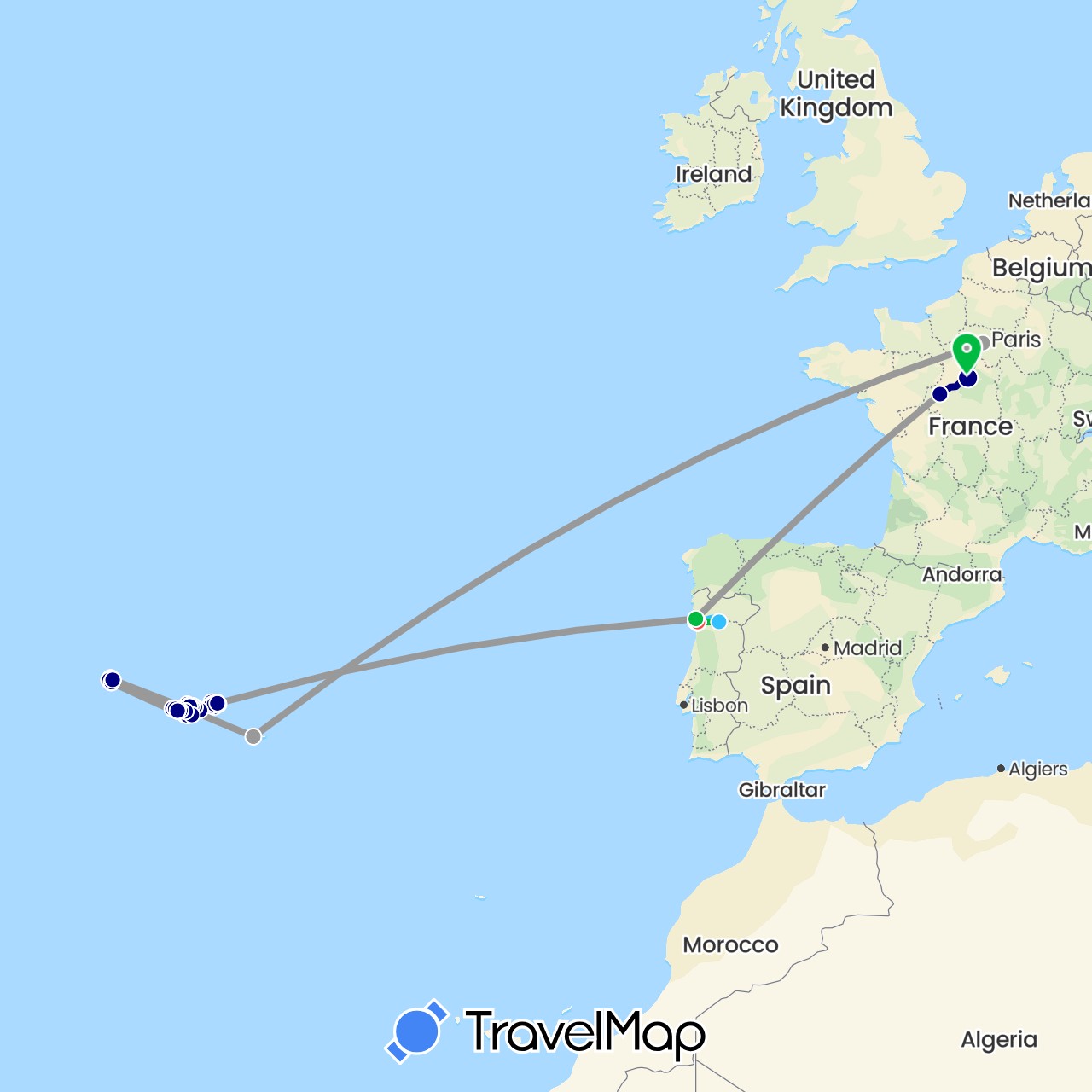 TravelMap itinerary: driving, bus, plane, hiking, boat in France, Portugal (Europe)