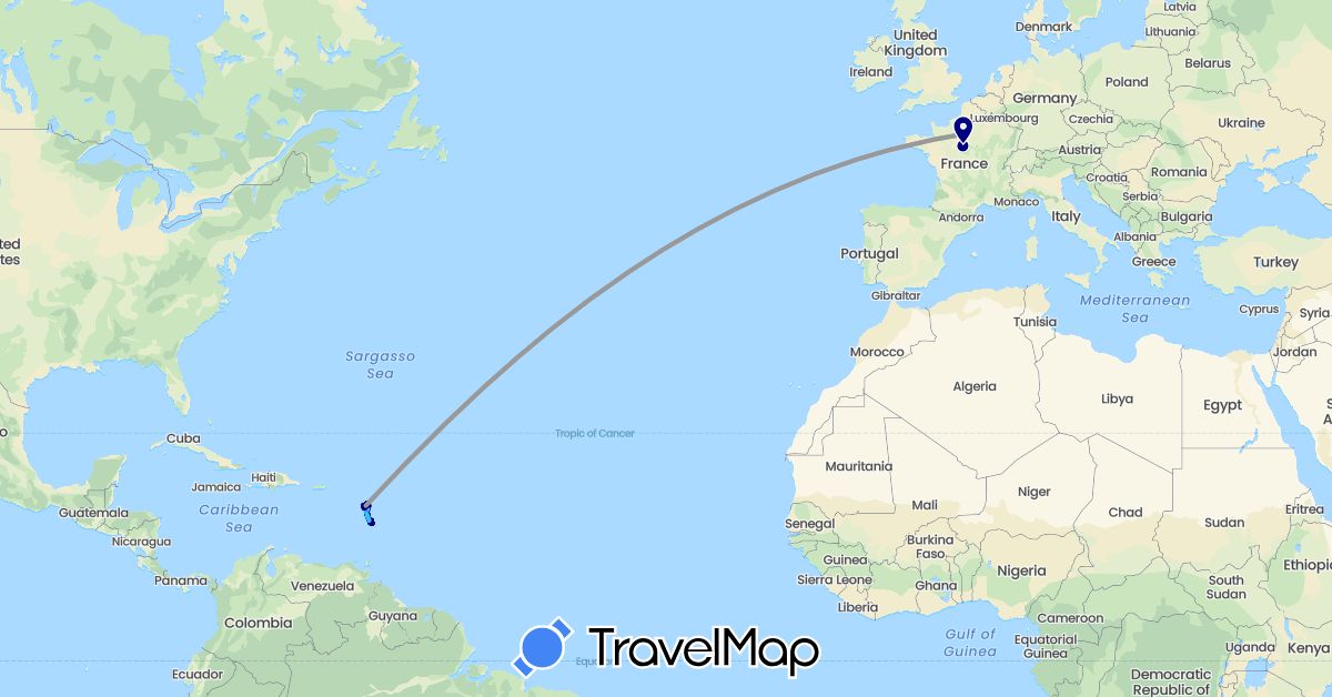 TravelMap itinerary: driving, bus, plane, cycling, hiking, boat in Dominica, France (Europe, North America)
