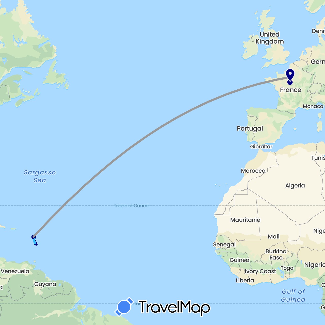 TravelMap itinerary: driving, bus, plane, cycling, hiking, boat in Dominica, France (Europe, North America)