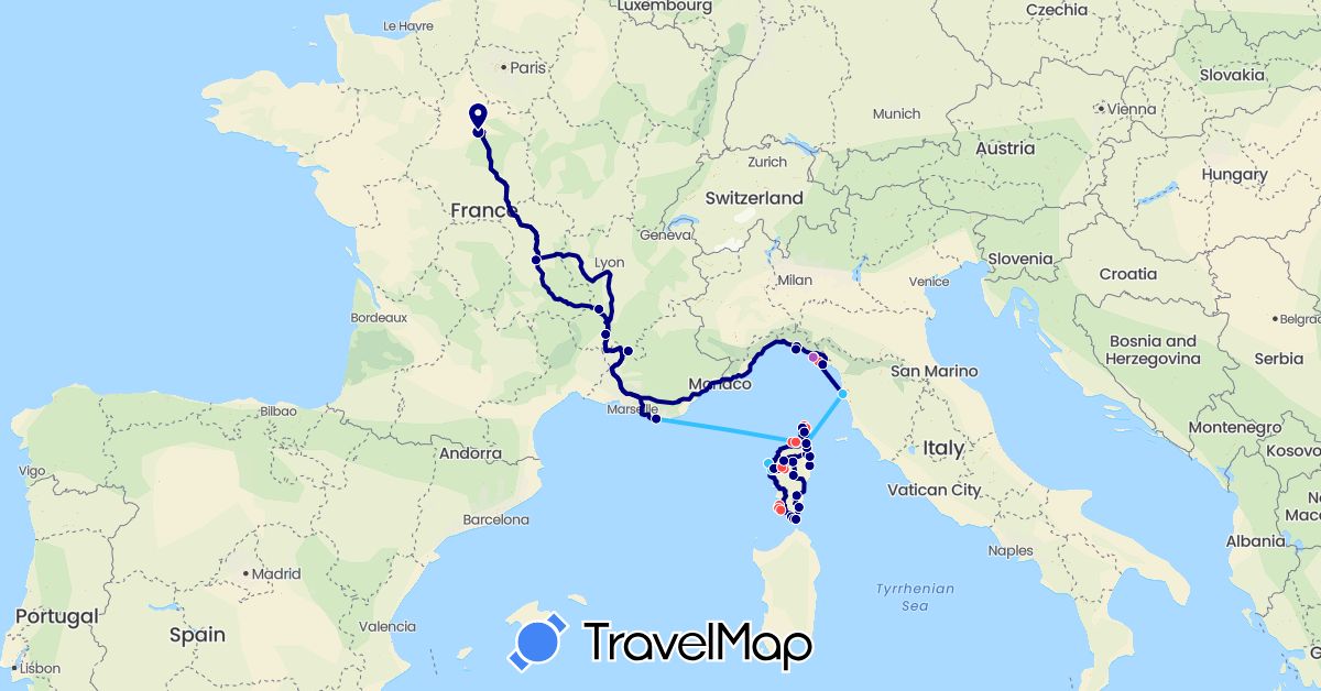TravelMap itinerary: driving, train, hiking, boat in France, Italy (Europe)