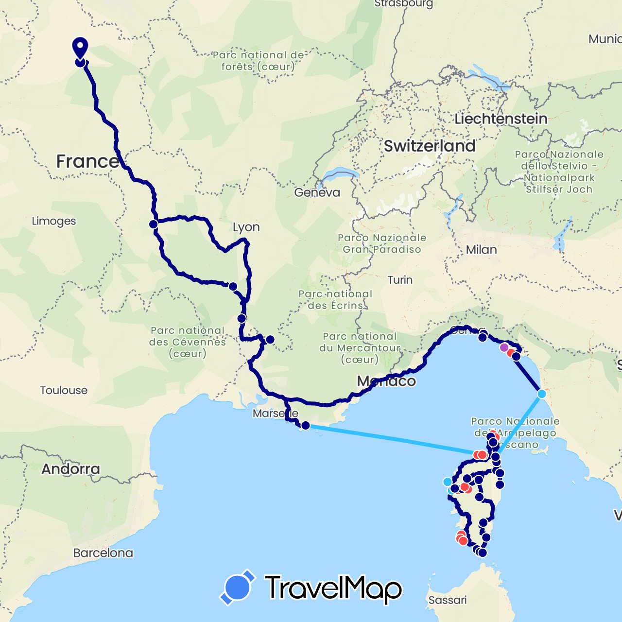 TravelMap itinerary: driving, train, hiking, boat in France, Italy (Europe)