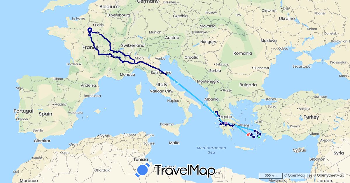 TravelMap itinerary: driving, bus, train, hiking, boat in France, Greece, Italy (Europe)