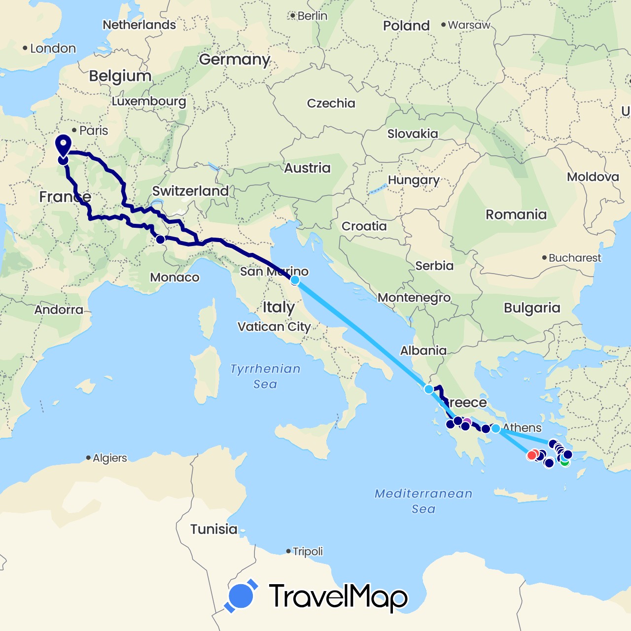 TravelMap itinerary: driving, bus, train, hiking, boat in France, Greece, Italy (Europe)