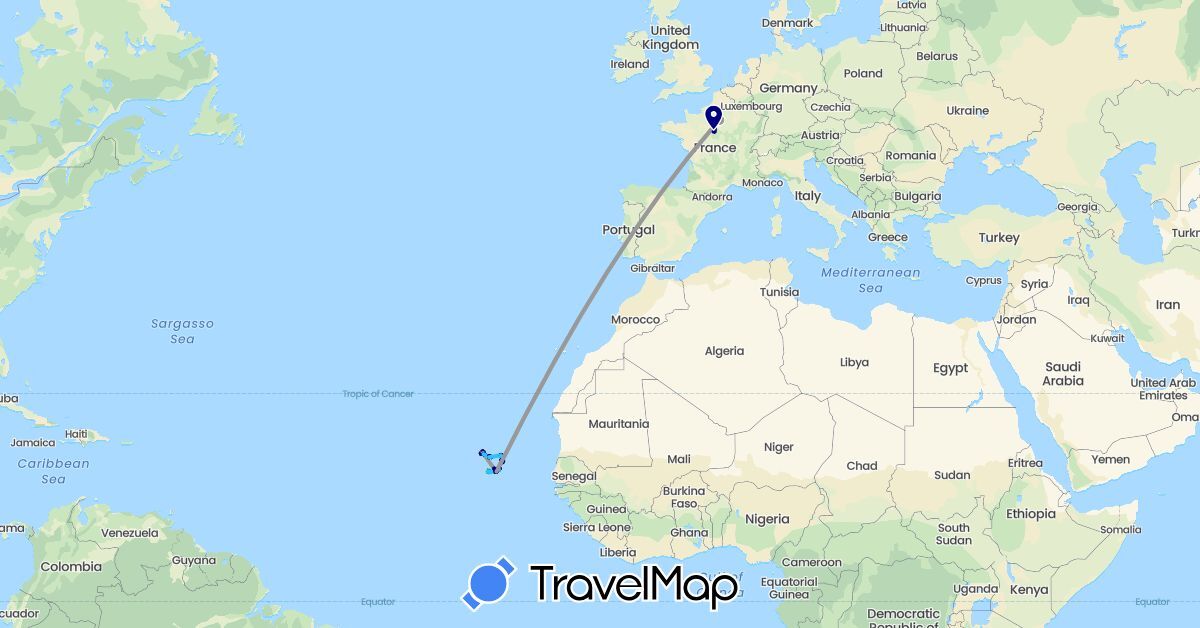 TravelMap itinerary: driving, bus, plane, hiking, boat in Cape Verde, France (Africa, Europe)