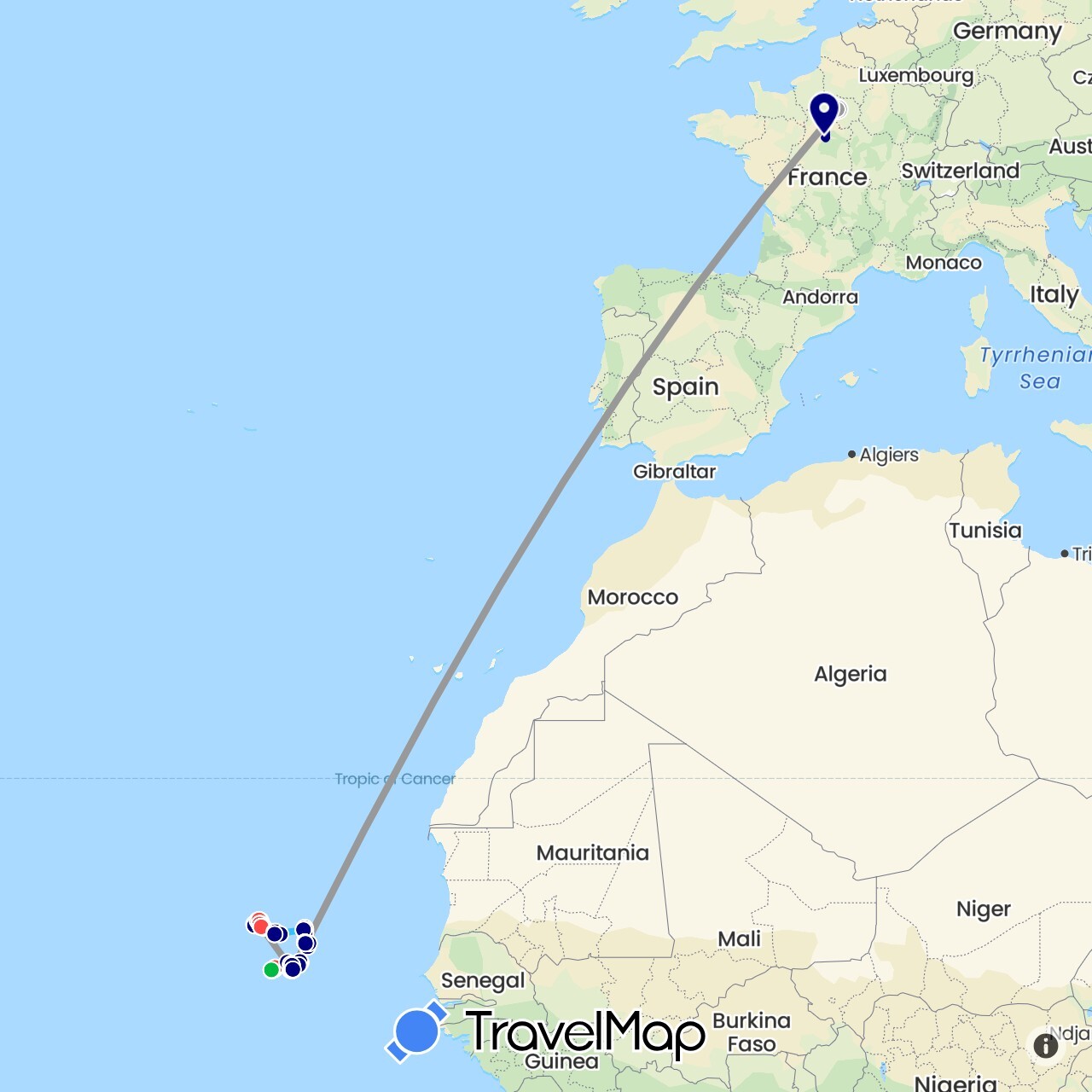 TravelMap itinerary: driving, bus, plane, hiking, boat in Cape Verde, France (Africa, Europe)