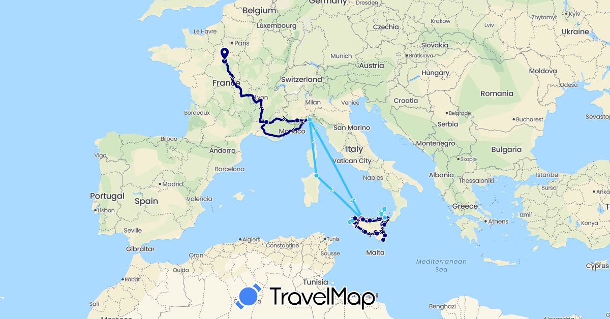 TravelMap itinerary: driving, train, boat in France, Italy (Europe)