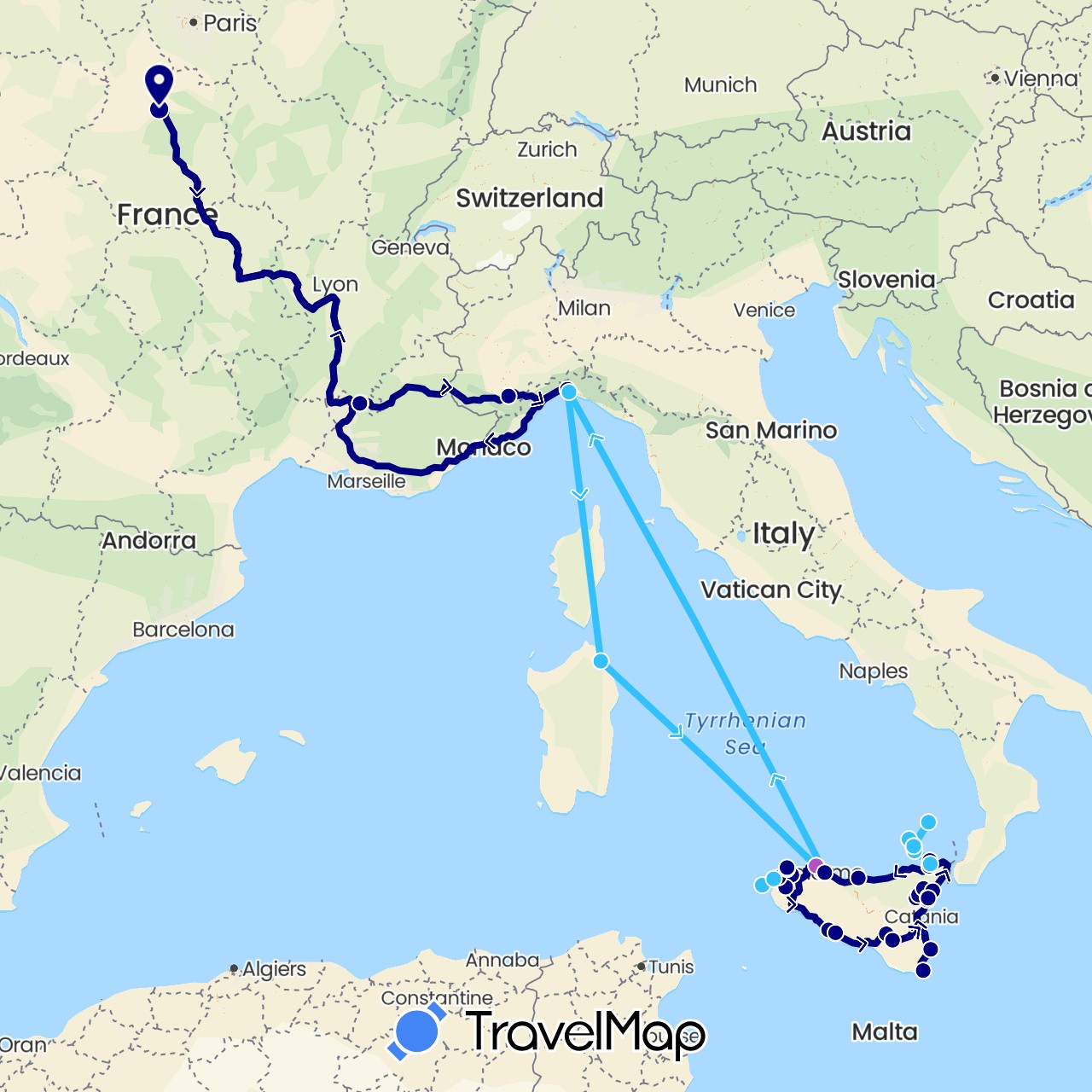 TravelMap itinerary: driving, train, boat in France, Italy (Europe)