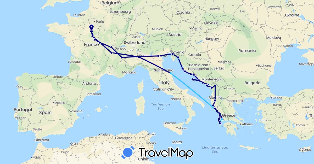 TravelMap itinerary: driving, boat in Albania, France, Greece, Croatia, Italy, Montenegro (Europe)