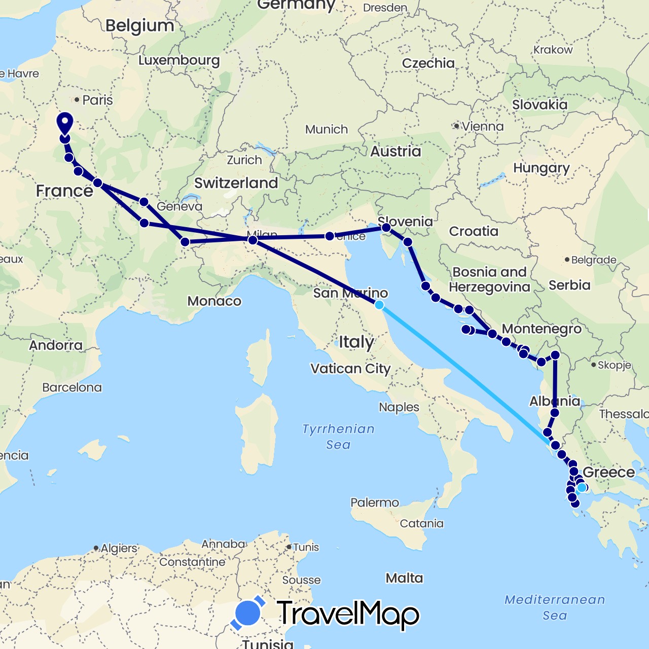 TravelMap itinerary: driving, boat in Albania, France, Greece, Croatia, Italy, Montenegro (Europe)