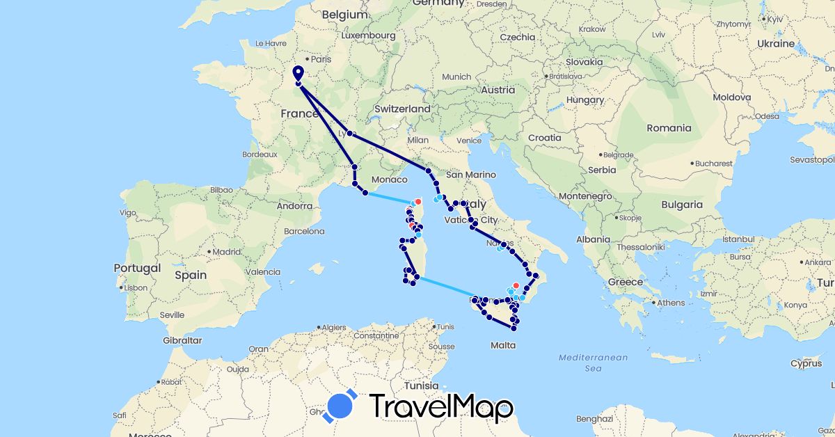 TravelMap itinerary: driving, hiking, boat in France, Italy, Vatican City (Europe)