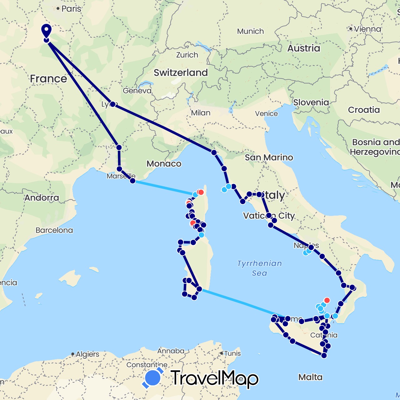 TravelMap itinerary: driving, hiking, boat in France, Italy, Vatican City (Europe)