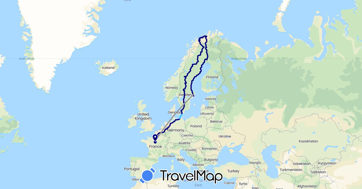 TravelMap itinerary: driving, plane, train, boat in Germany, Finland, France, Norway, Sweden (Europe)