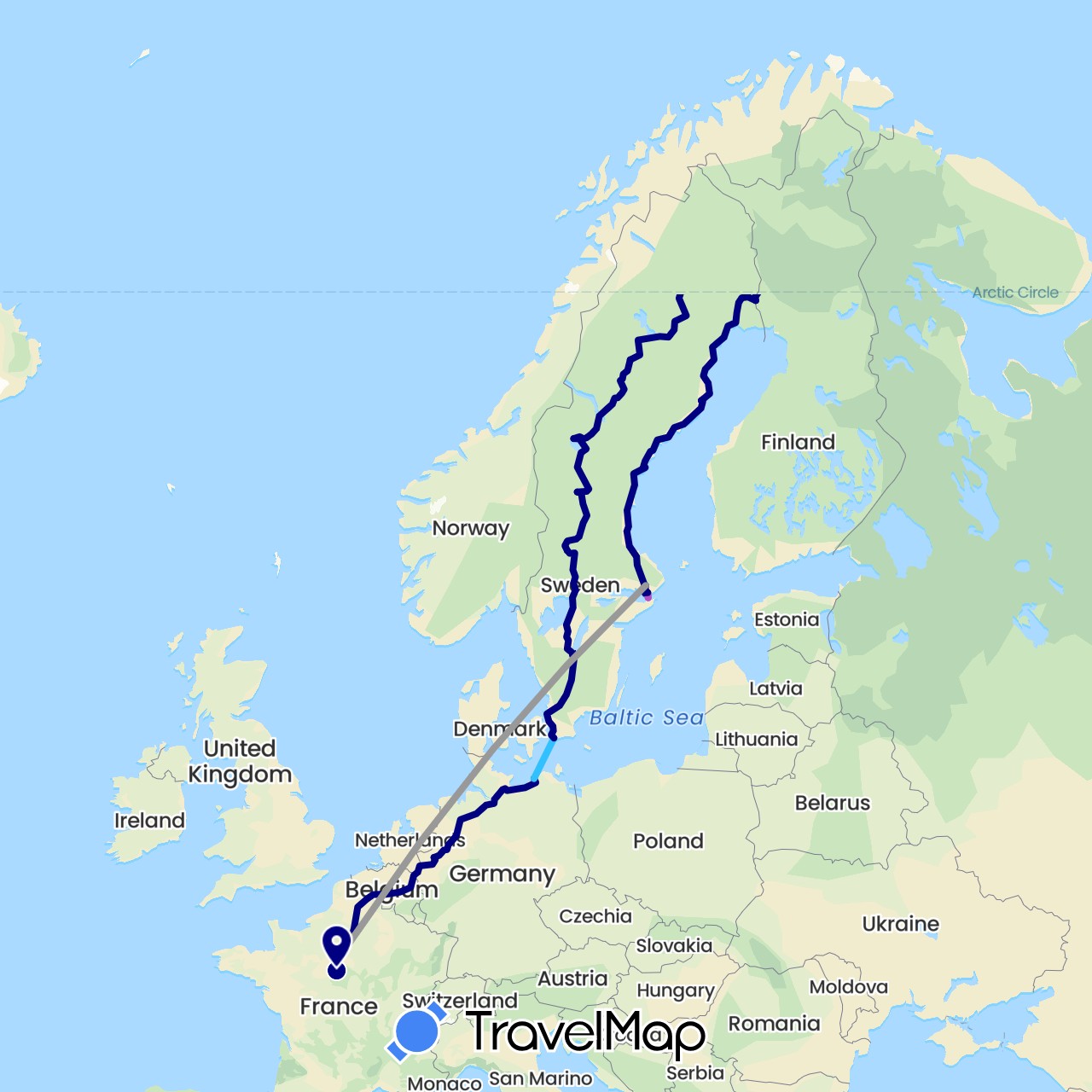 TravelMap itinerary: driving, plane, train, boat in Germany, Finland, France, Norway, Sweden (Europe)