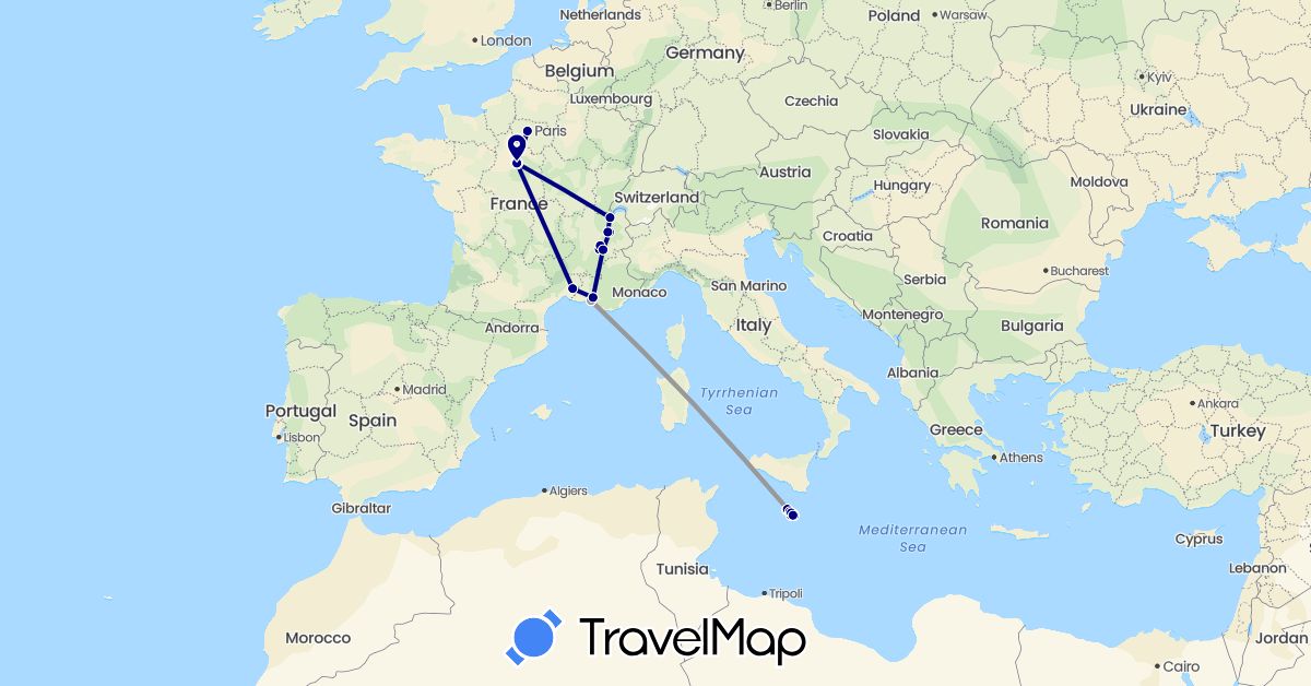 TravelMap itinerary: driving, plane in France, Malta (Europe)