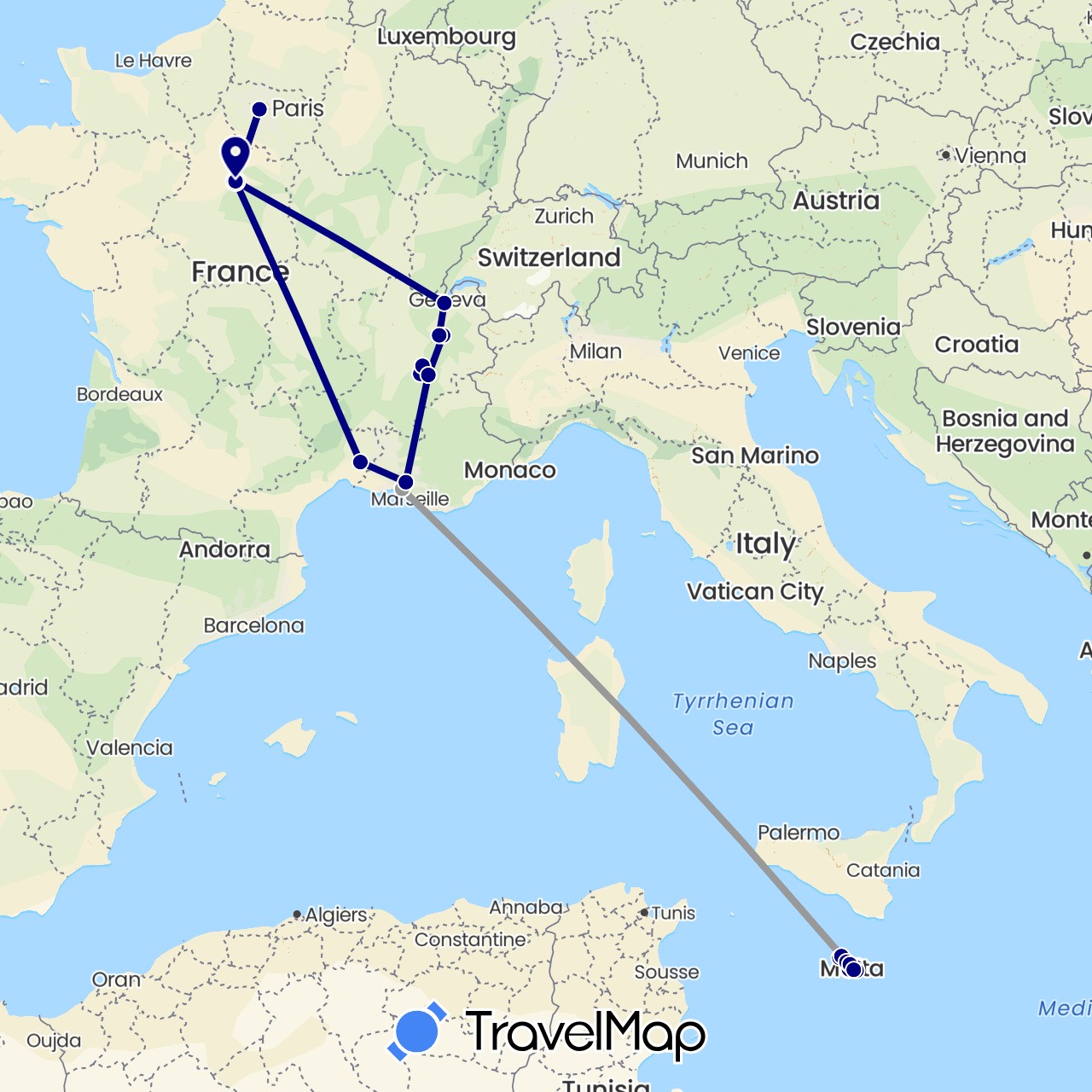 TravelMap itinerary: driving, plane in France, Malta (Europe)