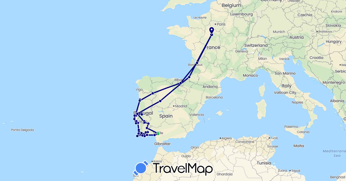 TravelMap itinerary: driving, bus, train, boat in Spain, France, Portugal (Europe)