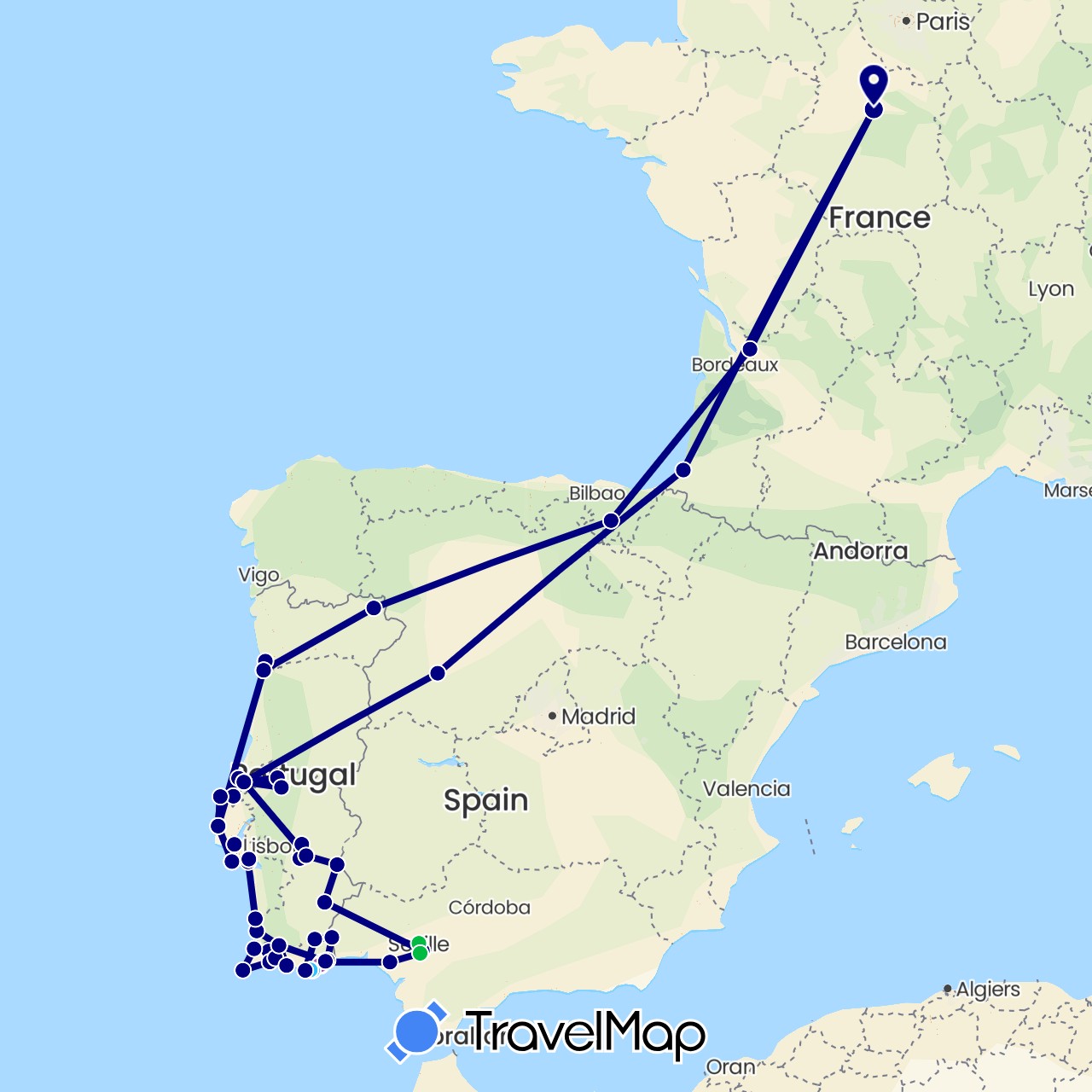 TravelMap itinerary: driving, bus, train, boat in Spain, France, Portugal (Europe)