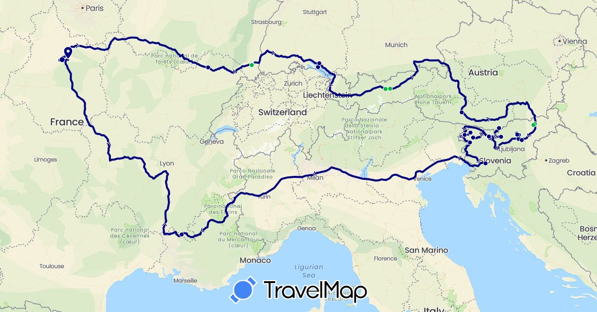 TravelMap itinerary: driving, bus in Austria, Germany, France, Slovenia (Europe)
