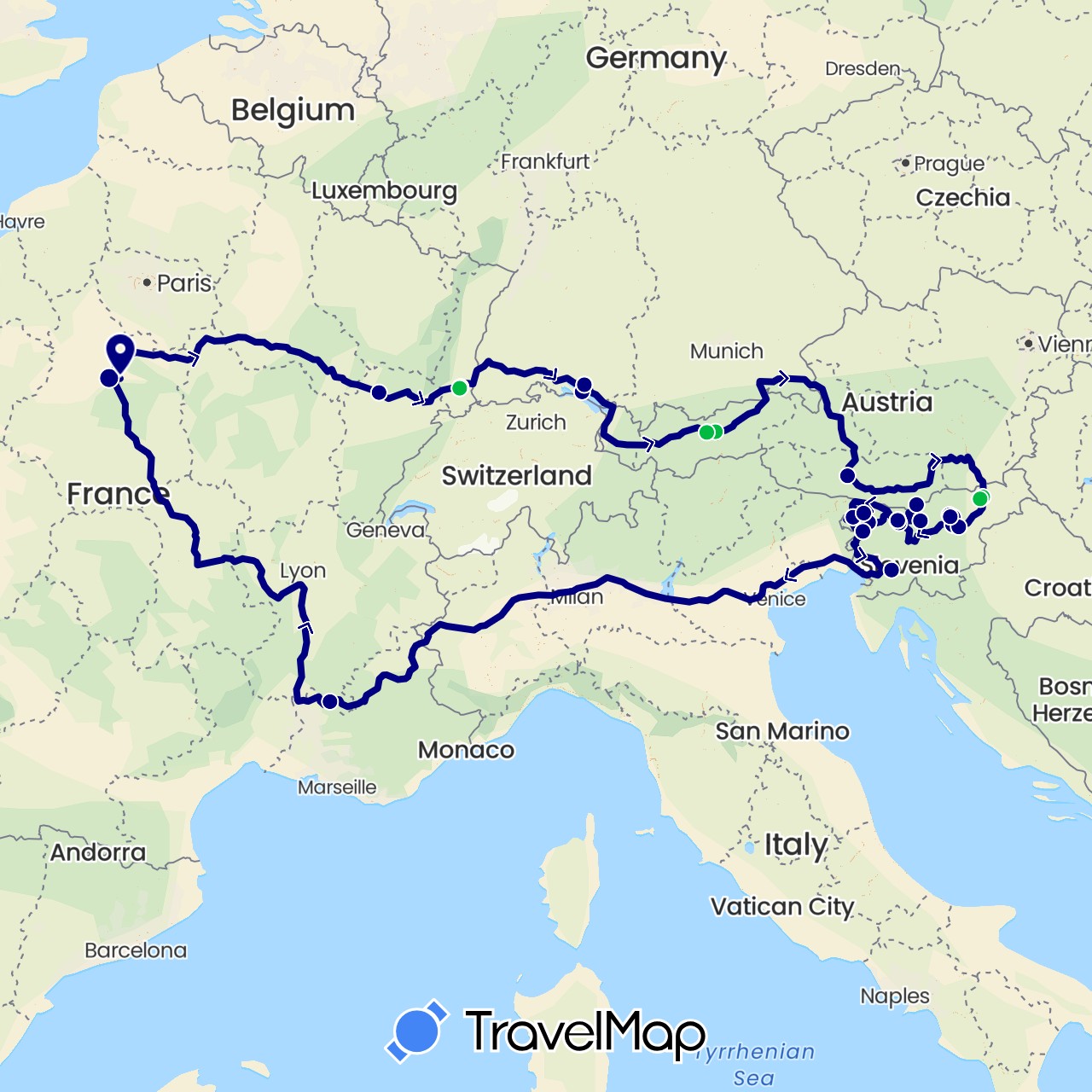 TravelMap itinerary: driving, bus in Austria, Germany, France, Slovenia (Europe)