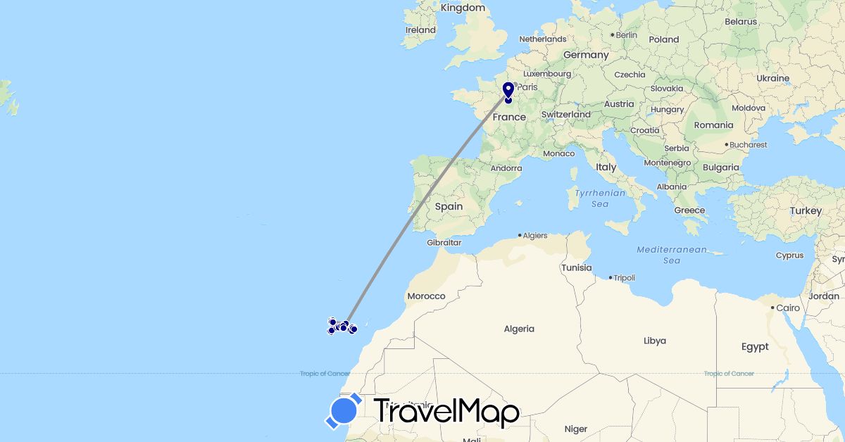 TravelMap itinerary: driving, bus, plane, hiking, boat in Spain, France (Europe)