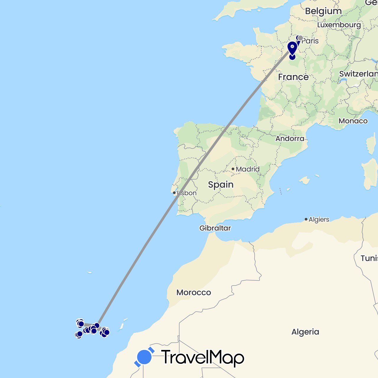 TravelMap itinerary: driving, bus, plane, hiking, boat in Spain, France (Europe)