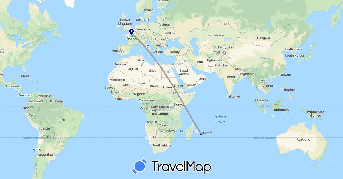 TravelMap itinerary: driving, bus, plane, hiking, boat, motorbike in France, Mauritius (Africa, Europe)