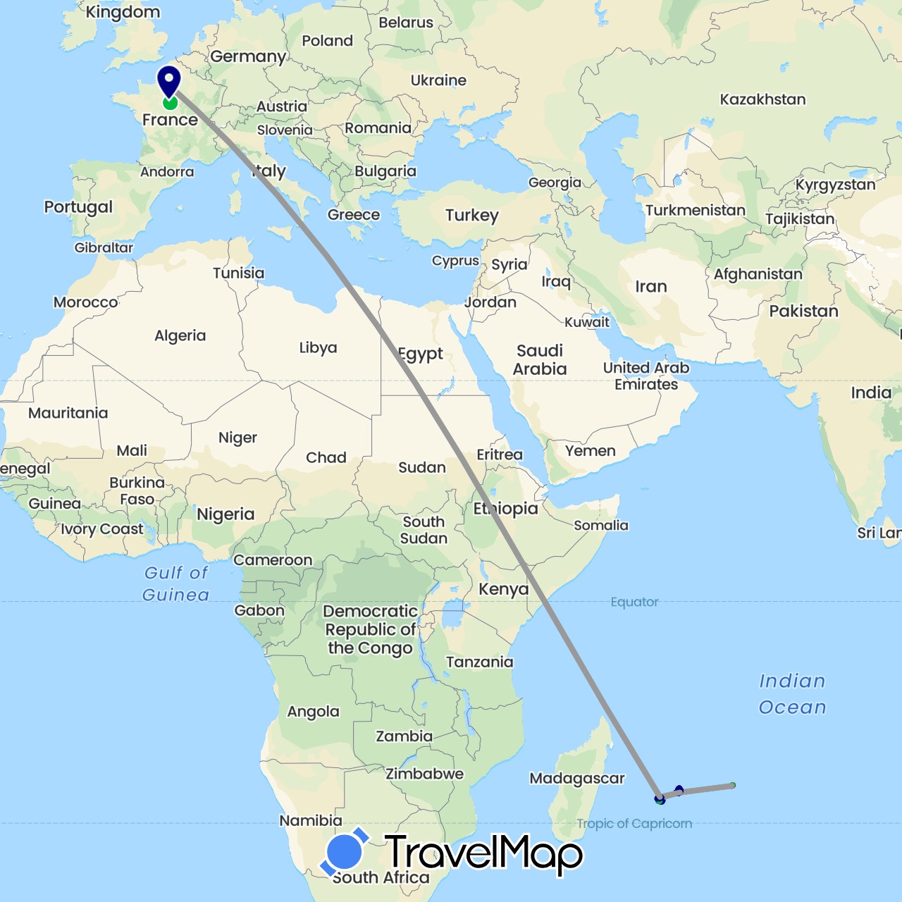 TravelMap itinerary: driving, bus, plane, hiking, boat, motorbike in France, Mauritius (Africa, Europe)