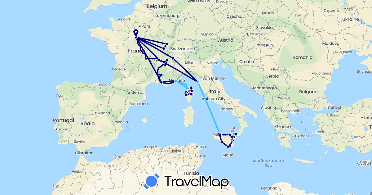 TravelMap itinerary: driving, hiking, boat, motorbike in France, Italy (Europe)