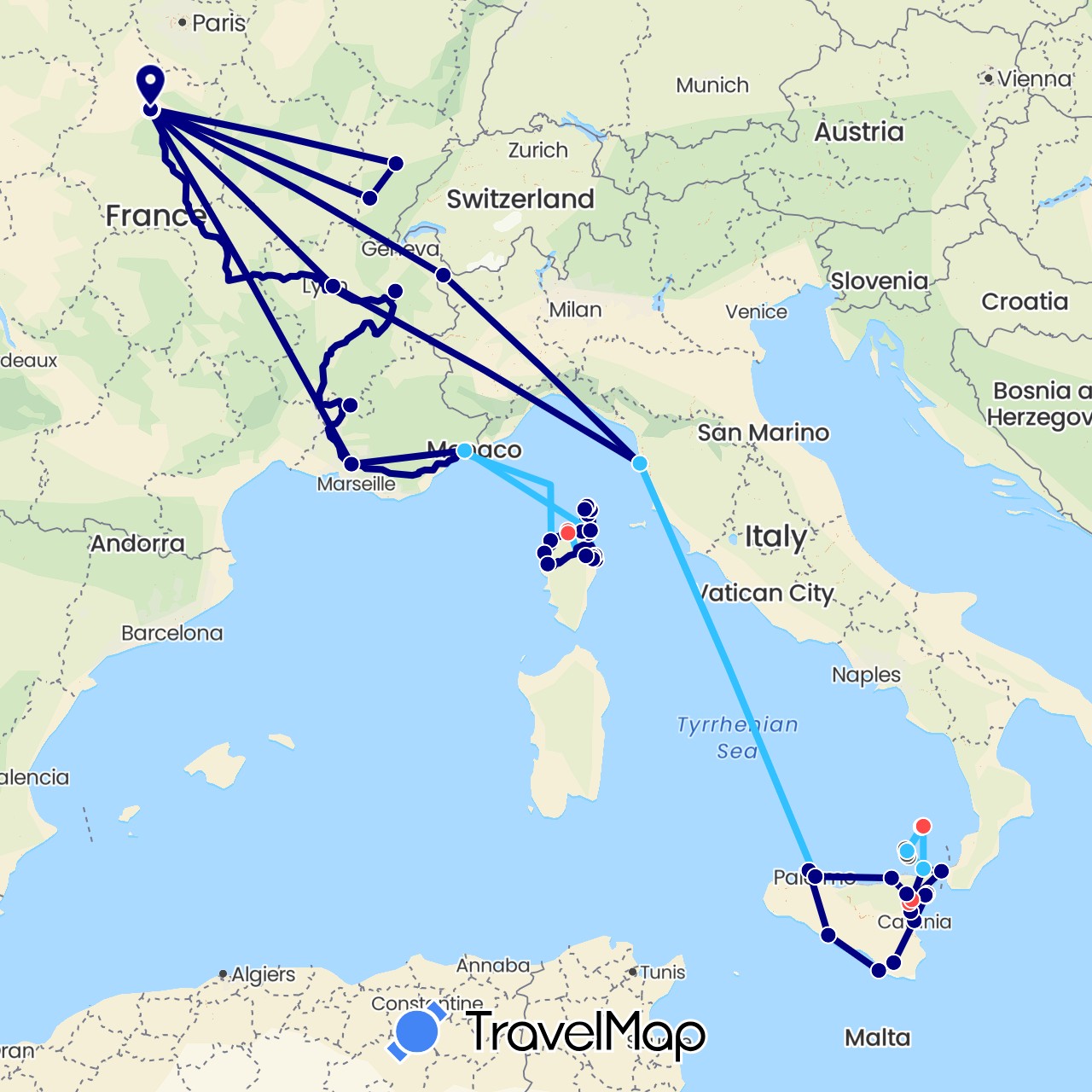 TravelMap itinerary: driving, hiking, boat, motorbike in France, Italy (Europe)