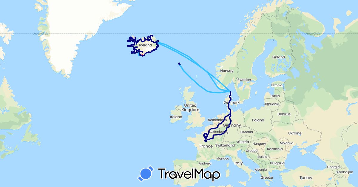 TravelMap itinerary: driving, hiking, boat in Denmark, Faroe Islands, France, Iceland (Europe)