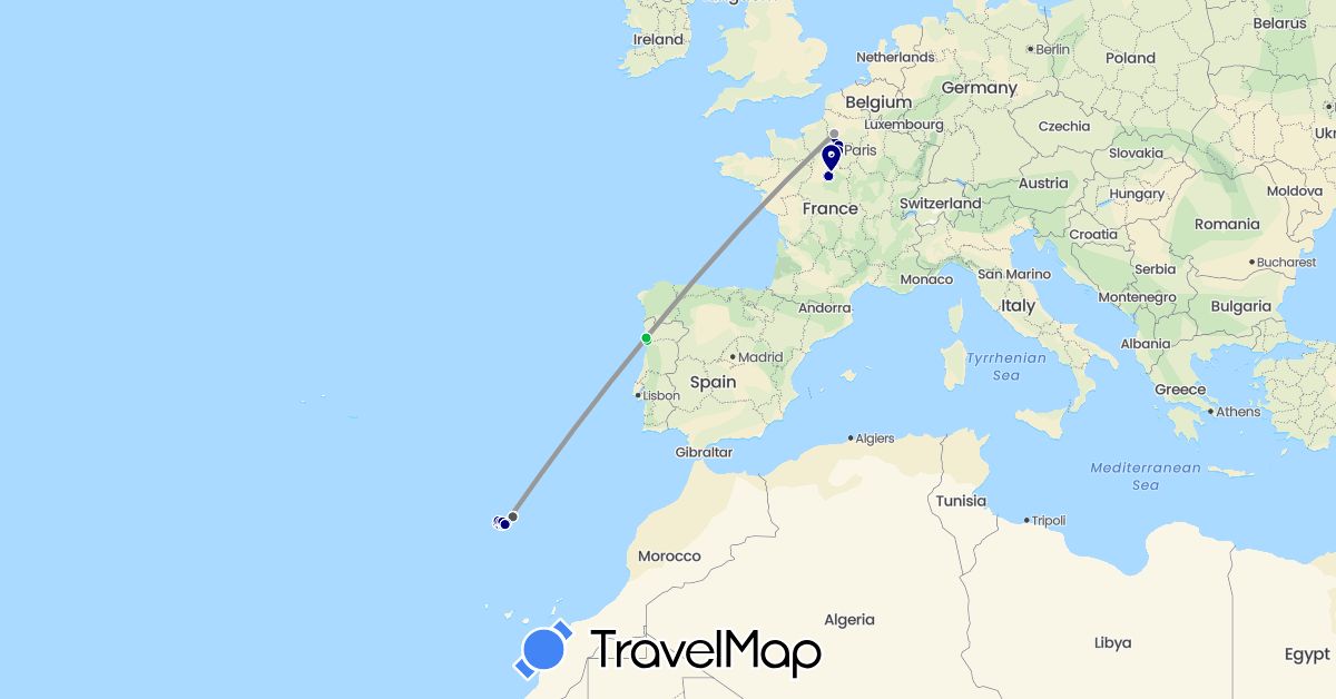 TravelMap itinerary: driving, bus, plane, boat, motorbike in France, Portugal (Europe)