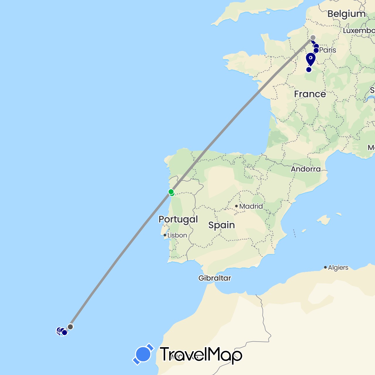TravelMap itinerary: driving, bus, plane, boat, motorbike in France, Portugal (Europe)